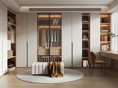 Modern Cloakroom Interior Design With Glass Door Cabinets Storage Bench And Wooden Floor 3d model