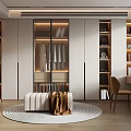 Modern Cloakroom Interior Design With Glass Door Cabinets Storage Bench And Wooden Floor