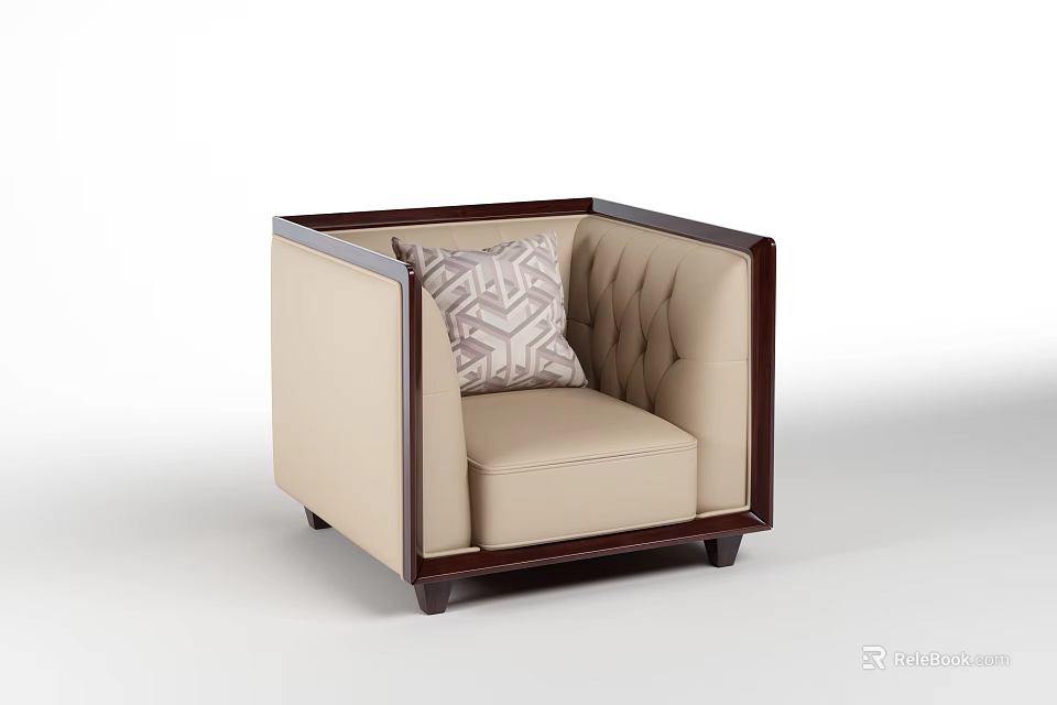 Beige Single Sofa With Tufted Back Dark Wood Frame And Geometric Pillow 3d model