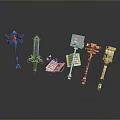 Colorful Fantasy Weapons Display With Swords Axes Staffs And Decorative Ornate Designs