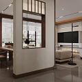 Modern Dining Living Room Interior With Wooden Cabinets Marble Table And Lighting Fixtures