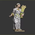 Decorative Ceramic Female Sculpture with Patterned Dress Head Ornament and Plant Bundle