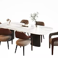 Elegant Modern Dining Table Set With Marble Top Six Upholstered Chairs And Green Plant Decor