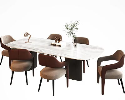 Elegant Modern Dining Table Set With Marble Top Six Upholstered Chairs And Green Plant Decor 3d model
