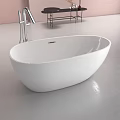 White Freestanding Bathtub In Modern Bathroom With Pink Wall Hanging Pendant Lights And Oval Mirror