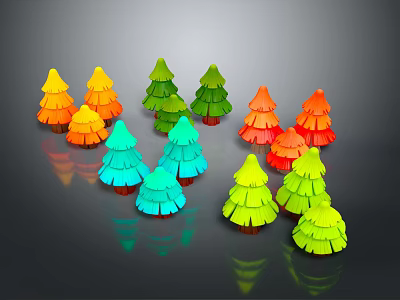 Colorful Cartoon Christmas Trees In Various Colors On Black Background With Reflections 3d model