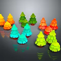 Colorful Cartoon Christmas Trees In Various Colors On Black Background With Reflections