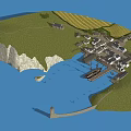 Island Garden Landscape with White Cliffs Green Grass Houses Pier and Lighthouse by Water