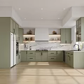 Spacious Modern Kitchen With Green Cabinets Marble Countertops And Natural Light Wooden Flooring