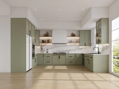 Spacious Modern Kitchen With Green Cabinets Marble Countertops And Natural Light Wooden Flooring 3d model