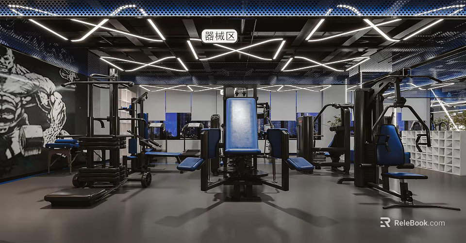 Fitness Equipment Area With Various Workout Machines Modern Lighting And Exercise Gear 3d model 
