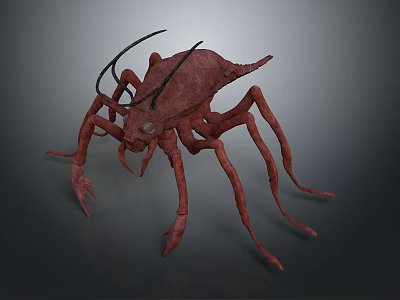 Red Arachnid Creature With Long Antennae Many Slender Legs And Oval Body 3d model
