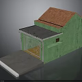 Green Wall Building With Red Roof Awning Metal Mesh Door And Gray Ramp