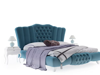 Blue Velvet Double Bed With Tufted Headboard White Nightstands And Table Lamps 3d model