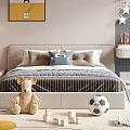Cozy Double Bed in Kids Bedroom with Stuffed Mouse Building Blocks and Soccer Ball
