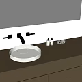 Round White Stone Washbasin with Black Faucet and Toiletries on Dark Bathroom Countertop