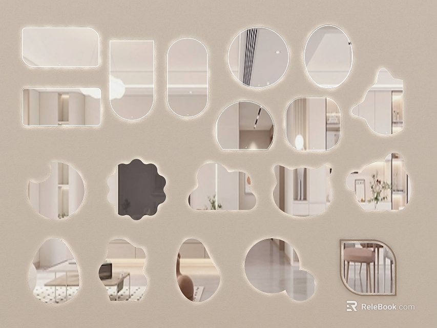 Various Shaped Interior Mirrors With Reflected Room Scenes For Home Decoration 3d model 
