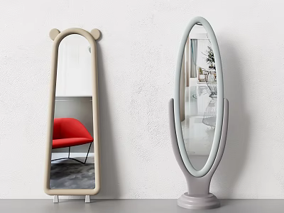 Modern Home Mirrors with Bear Ear Design and Oval Shape Beige Frame Grey Stand 3d model