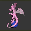 Pink Dragon With Yellow Eyes And Wings Standing On Blue Spotted Ball With Arrow