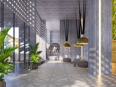 Modern Hotel Lobby With Wooden Walls Golden Pendant Lights Green Plants And Geometric Tiled Floor 3d model