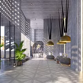 Modern Hotel Lobby With Wooden Walls Golden Pendant Lights Green Plants And Geometric Tiled Floor