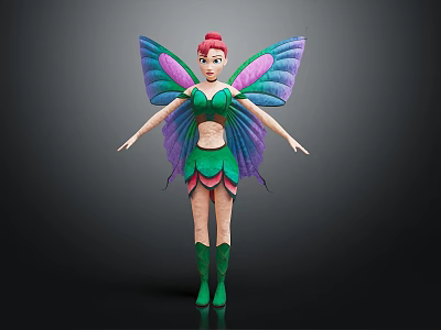 Fairy Character With Colorful Wings And Green Purple Outfit Design Details 3d model