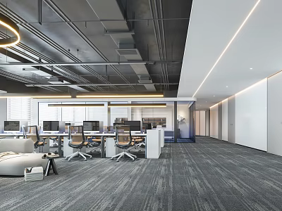 Open Modern Public Office Space Interior With Workstations Ergonomic Chairs And Recessed Lighting 3d model
