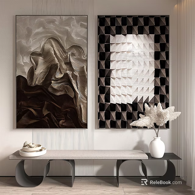 Abstract Geometric Wall Art Decor With Console Table And Feather Vase 3d model
