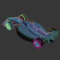 Streamlined Blue Single Seat Race Car With Black Red Rimmed Wheels And Shiny Body