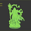 Fantasy Wizard In Green Robe Holding Magical Staff With Purple Crystal And Swirling Smoke