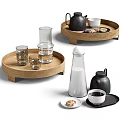 Wooden Tray Black and White Tea Set with Glass Pitcher Cups and Cookies