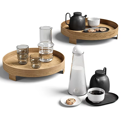 Wooden Tray Black and White Tea Set with Glass Pitcher Cups and Cookies 3d model