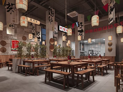 New Chinese Retro Barbecue Shop Chicken Pot Shop New Chinese Hot Pot Shop Barbecue Shop Table and Chair Barbecue Shop Curtain Chinese Lantern Catering Lantern 3d model