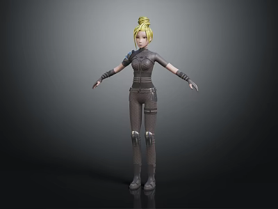 3D Rendered Female Character In Dark Combat Suit With Blonde Bun And Outstretched Arms 3d model