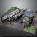 Rustic Wood Display Scene With Logs Carved Tree Stump And Mossy Grass Decorations