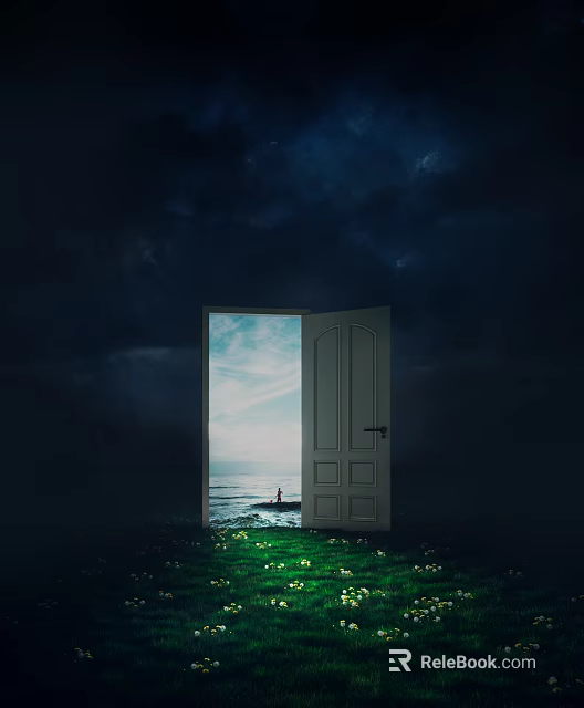 Open Door With Dark Background Green Grass Small Flowers Bright Sky Sea View Distant Figure 3d model 