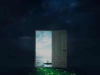 Open Door With Dark Background Green Grass Small Flowers Bright Sky Sea View Distant Figure 3d model