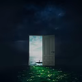 Open Door With Dark Background Green Grass Small Flowers Bright Sky Sea View Distant Figure