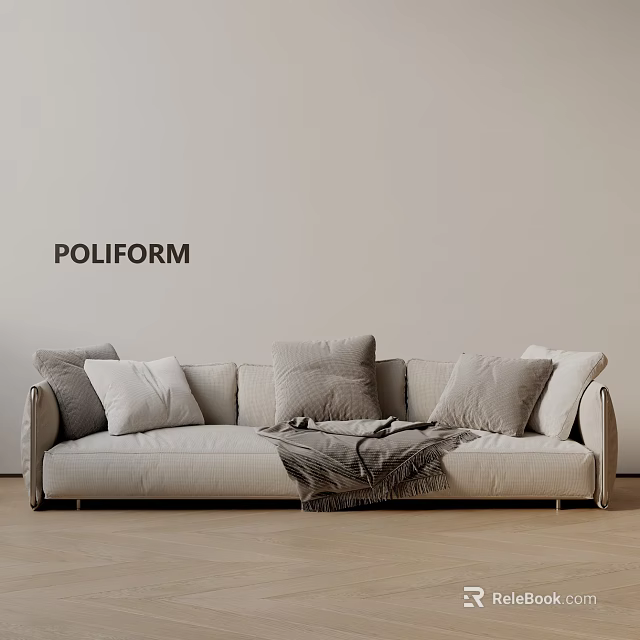 POLIFORM Modern Three Seater Sofa with Light Colored Pillows and Throw Blanket in Minimalist Living Room Interior 3d model 