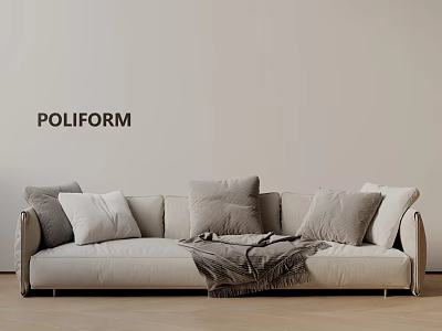 POLIFORM Modern Three Seater Sofa with Light Colored Pillows and Throw Blanket in Minimalist Living Room Interior 3d model