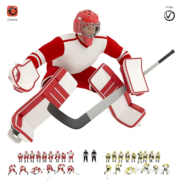 Multiple Hockey Players Posing in Different Team Uniforms With Protective Gear and Sticks 3d model 