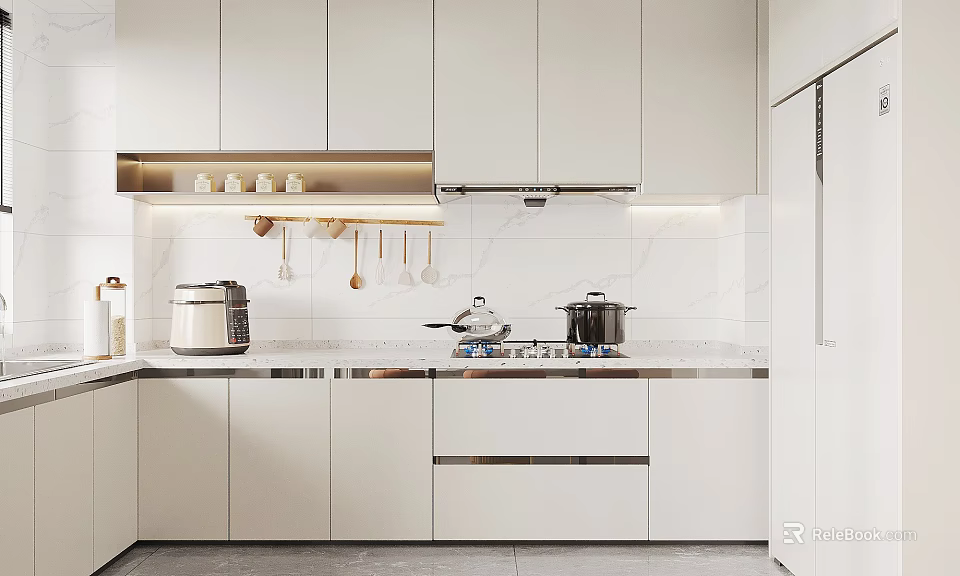 Modern Minimalist Kitchen Interior Design With White Cabinets Marble Countertops And Hanging Utensils 3d model 