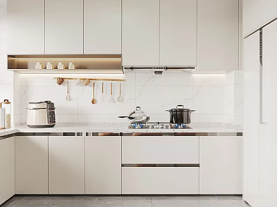 Modern Minimalist Kitchen Interior Design With White Cabinets Marble Countertops And Hanging Utensils 3d model