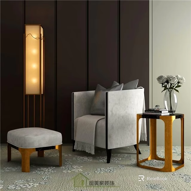 Gray Single Seater Sofa with Stool Floor Lamp Side Table and Flower Vase on Dark Wall 3d model 