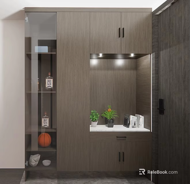 Modern Wooden Shoe Cabinet With LED Lighting Open Shelves Plants And Storage 3d model 