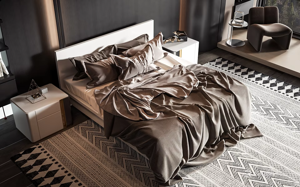 Modern Double Bed Bedroom Interior With Gray Silk Sheets And White Bedside Tables 3d model