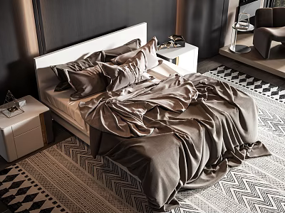 Modern Double Bed Bedroom Interior With Gray Silk Sheets And White Bedside Tables 3d model