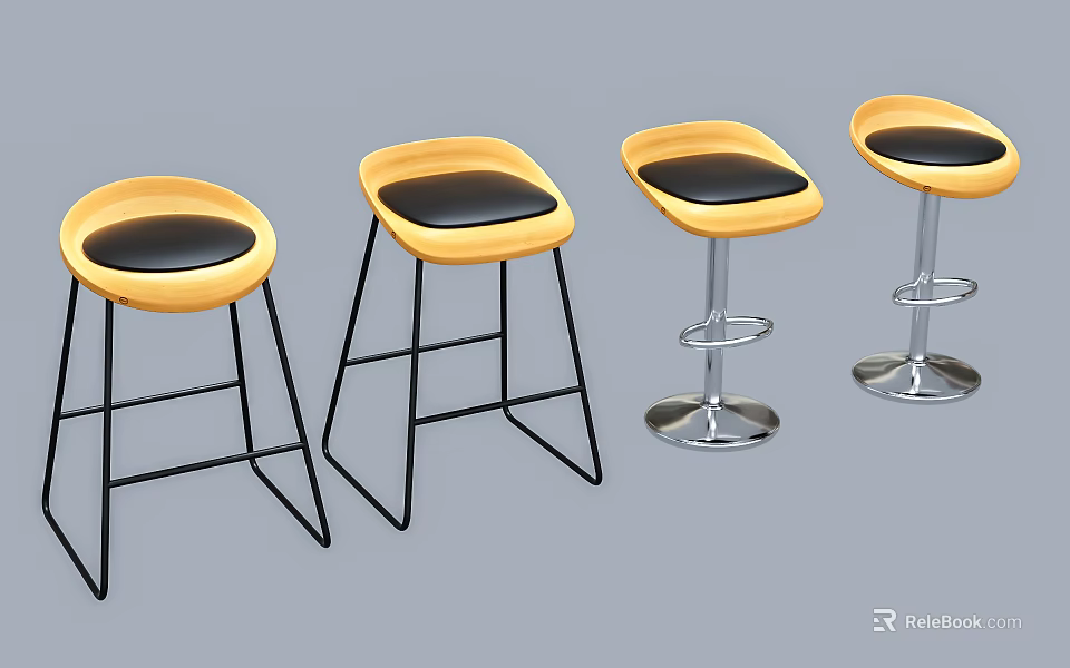 Stylish Bar Stools With Yellow Seats Black Cushions And Metal Frames 3d model 