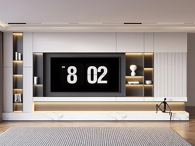 Modern TV Background Wall With Black Screen Lighting Strips And Marble Base Storage Shelves 3d model