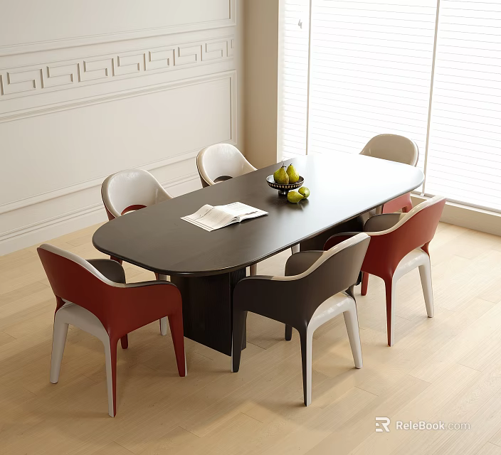 Oval Black Dining Table With Red White Black Chairs White Wall And Wooden Floor 3d model 